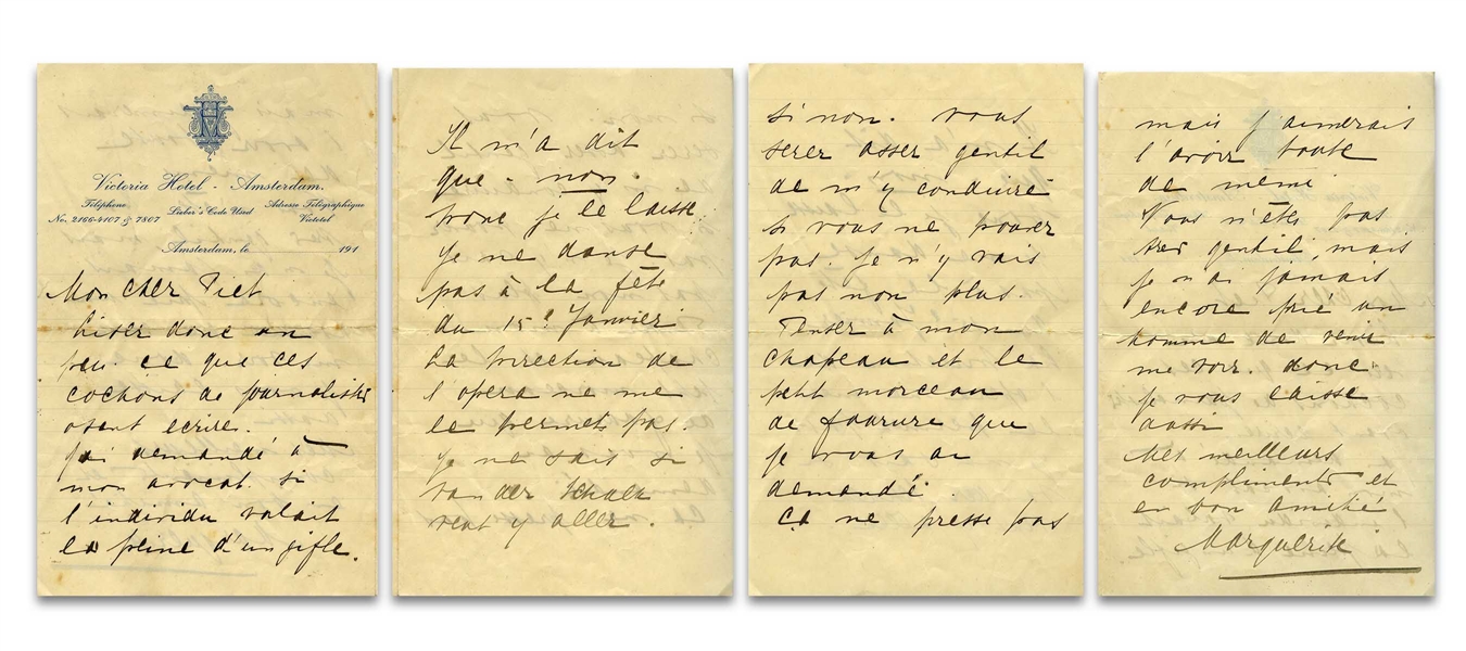 Mata Hari Autograph Letters Signed to Her Lover -- ''...I understand...when a woman forgives the lover that she depends on, but since I loved you only for who you are, I do not forgive you...''